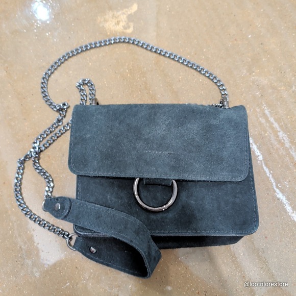 Genuine Suede Crossbody Bag Black Made in Italy Gunmetal Chain Strap Small — photo 2